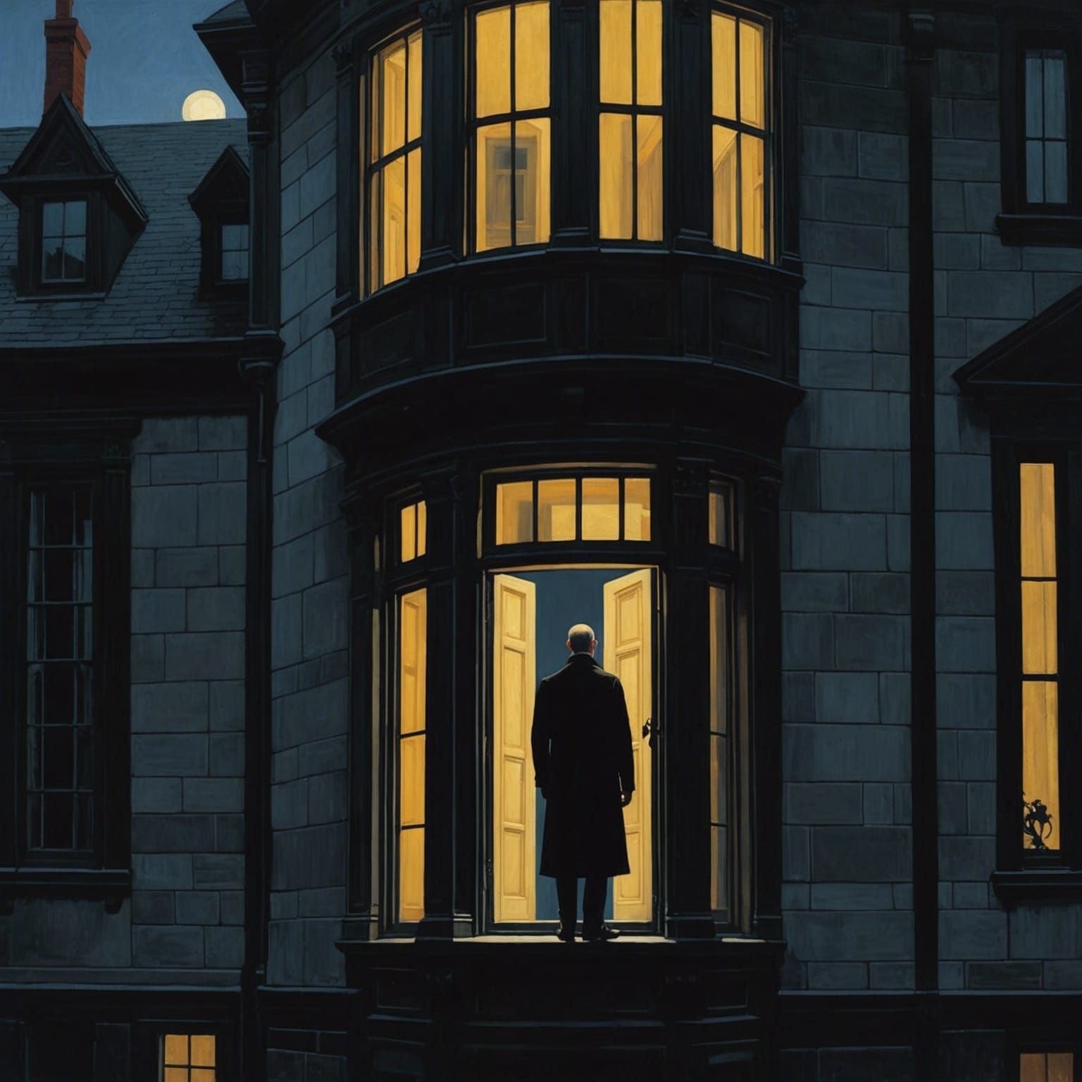 Pale Man in Gothic Manor: Edward Hopper Style