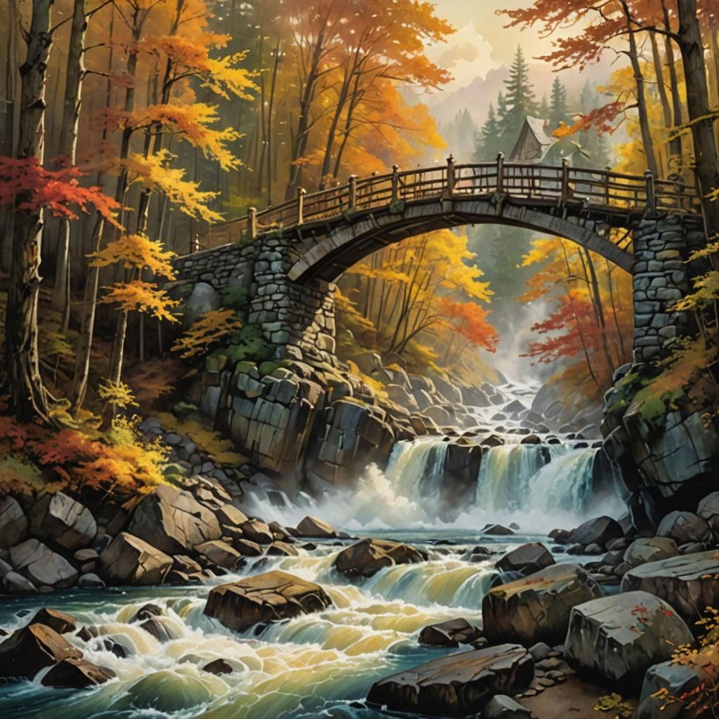 Autumn Bridge in Golden Hour Light