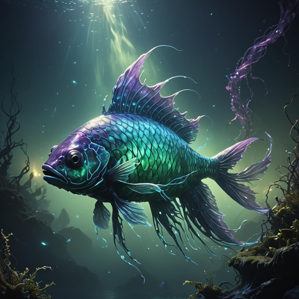 Bioluminescent Fantasy Creature in Misty Abyss