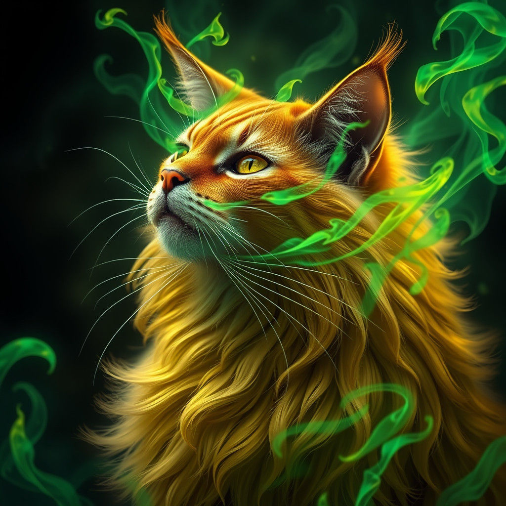 Golden Cat Engulfed in Green Flames: Fantasy Art