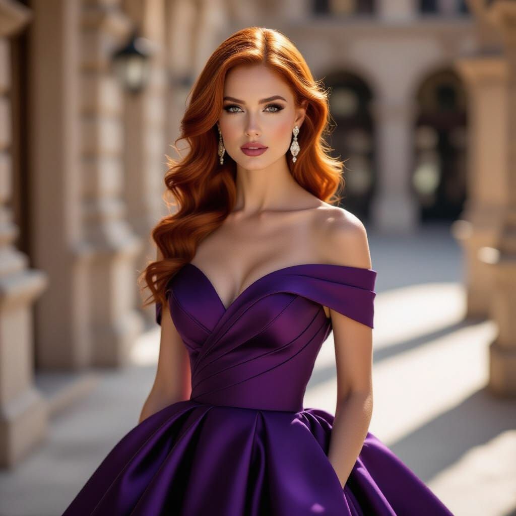 Elegant Redhead in Purple Couture Dress