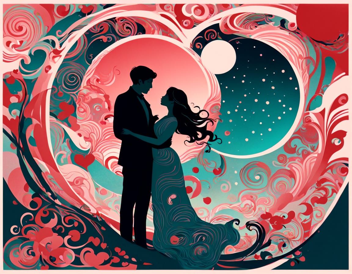 Love Under a Vibrant Moonlit Sky in Bold Artistic Style
