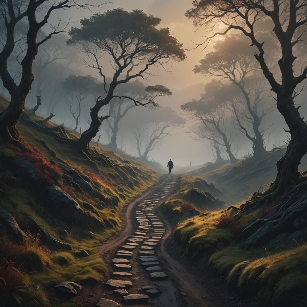 Lone Figure on Winding Path: Fantasy Concept Art