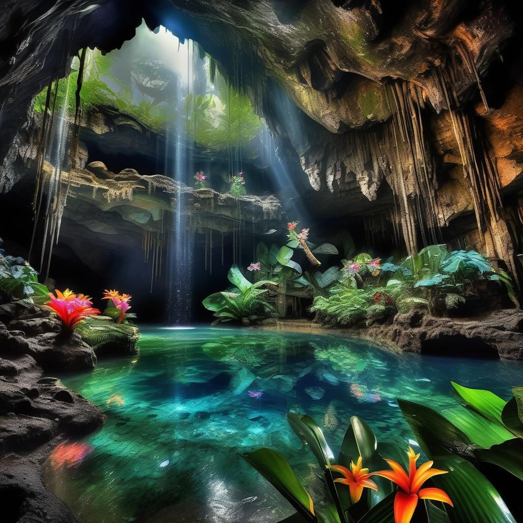Lush Cave Rainforest with Crystals and Waterfall