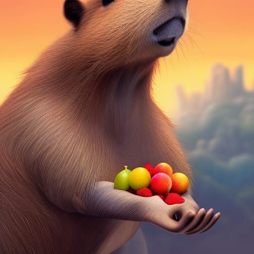 Capybara Crowned with Fruit: Detailed Matte Painting