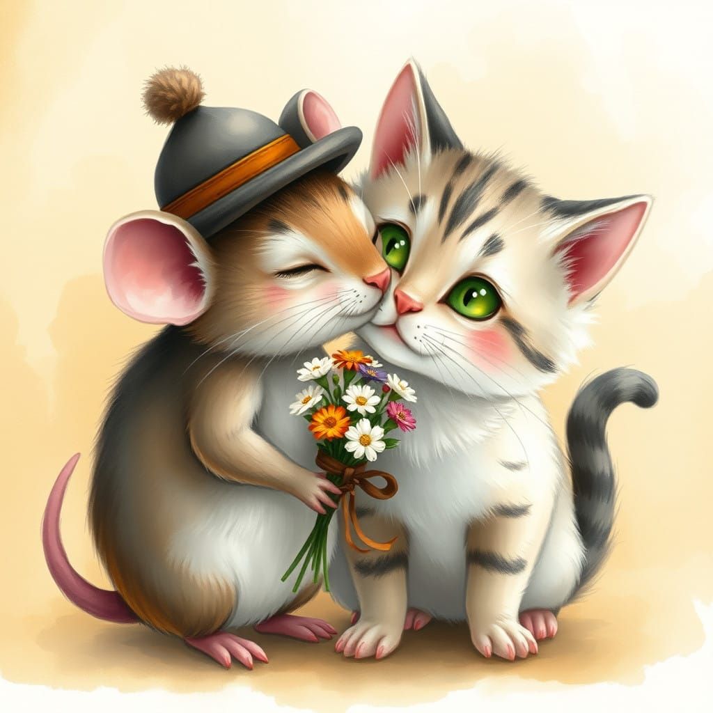 Whimsical Mouse and Cat Share a Tender Moment in a Classic C...