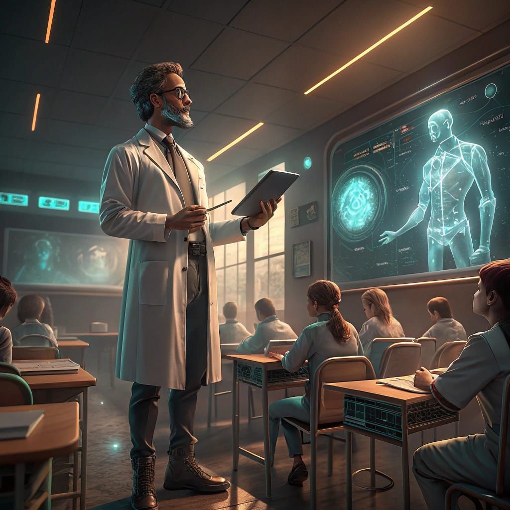 Teacher Robot in Futuristic High School Classroom