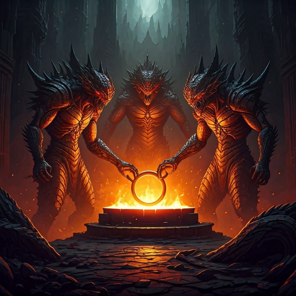 Demonic Figures Forging Ring in Fiery Underworld