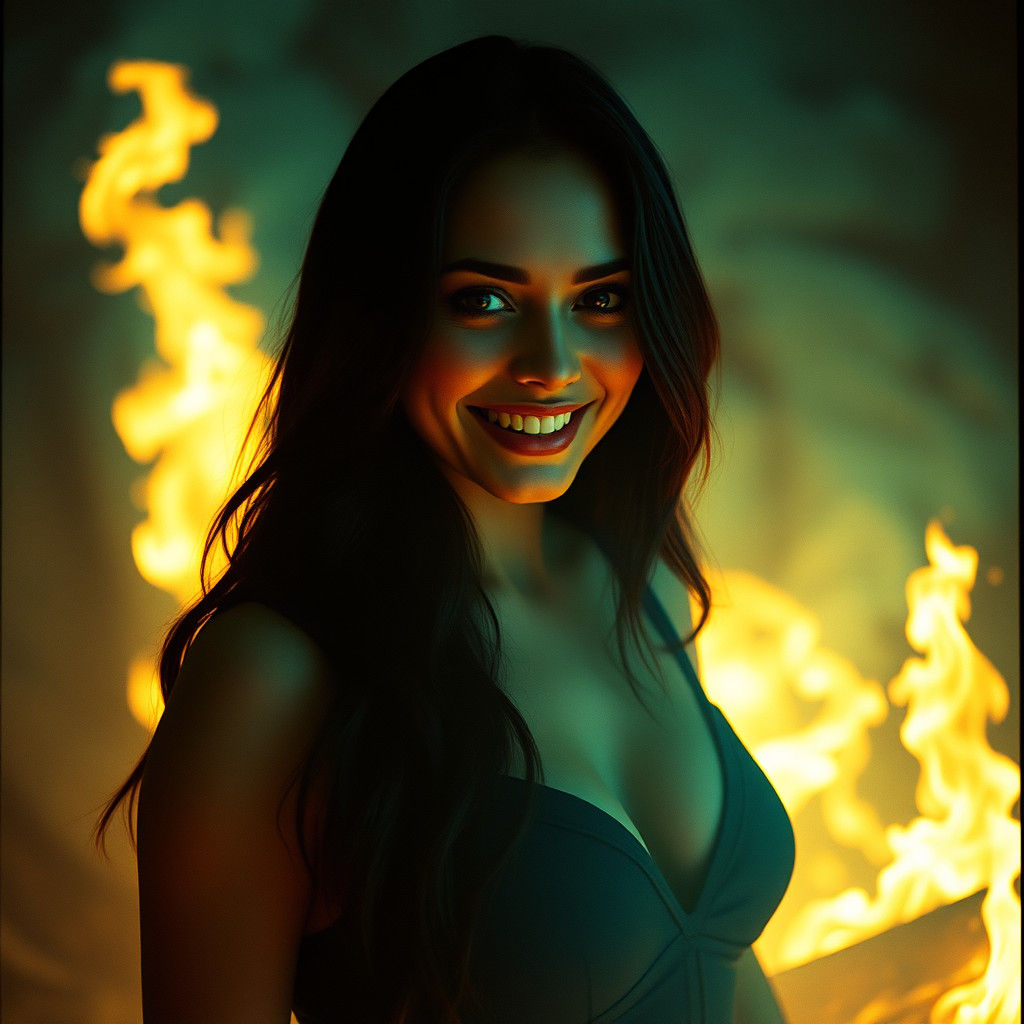 Teal-Eyed Woman Wreathed in Teal Fire