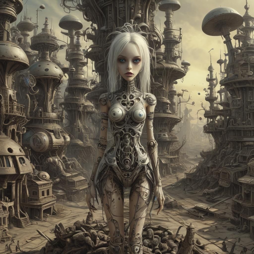 Biopunk Alice in Dystopian Future Panorama