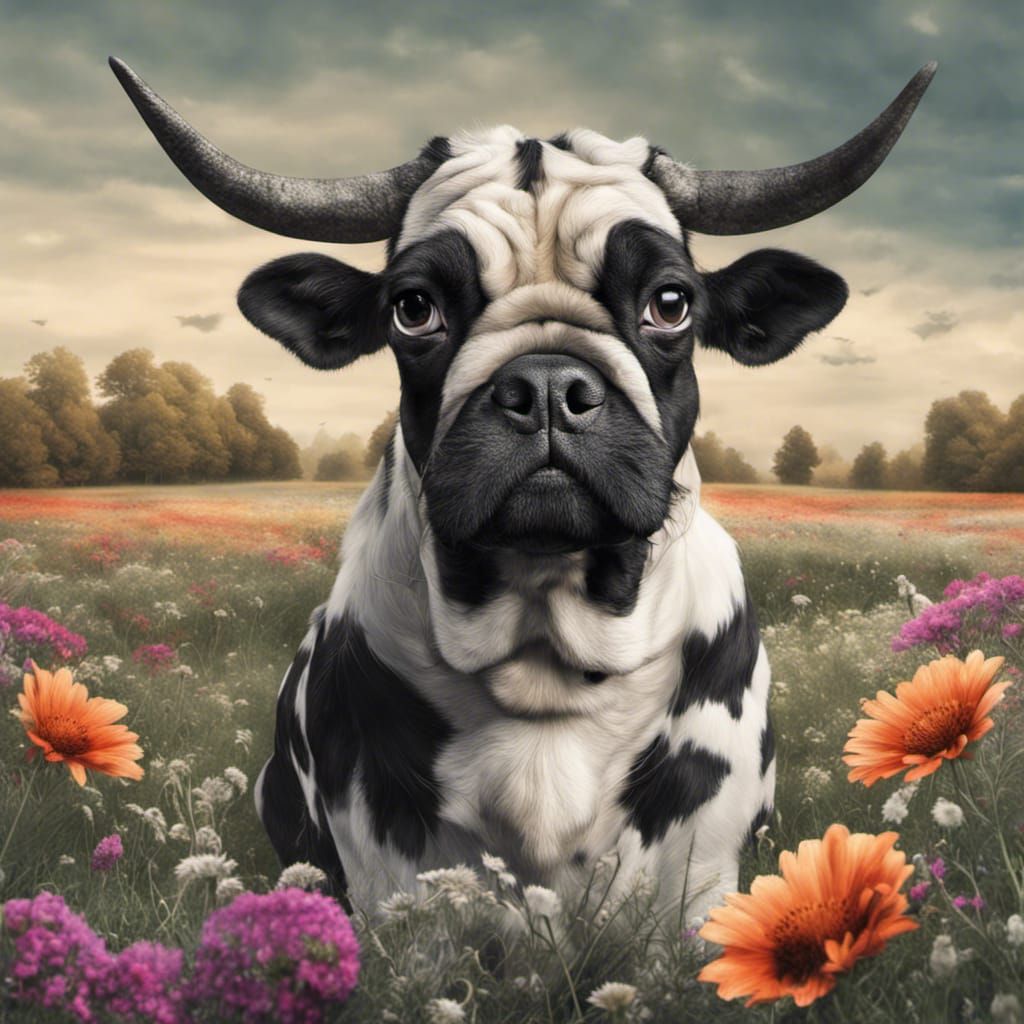 Surreal Cow-Pug Hybrid in Hyperreal Meadow
