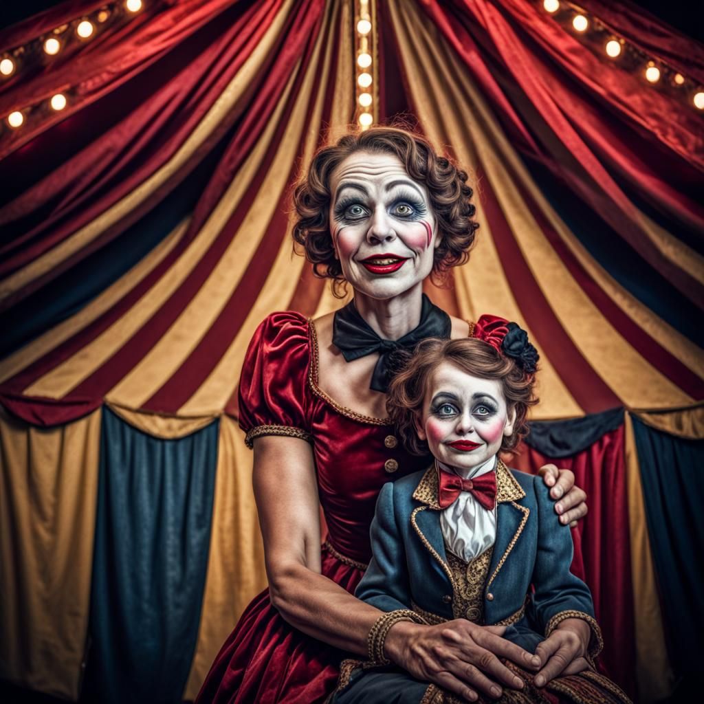 Ventriloquist in Velvet Circus Tent: Hyperrealistic Image