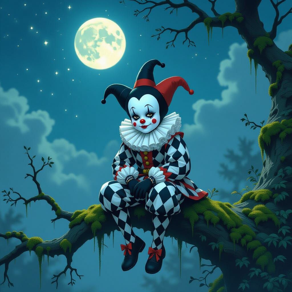 Branchlings Pierrot: Ethereal Character in Moonlit Forest