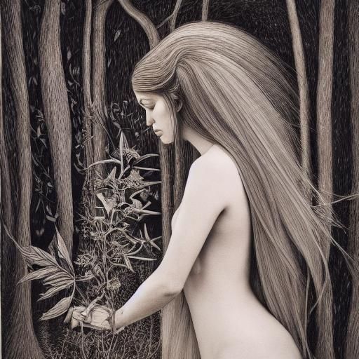 Elegant Etching of Woman with Narcotic Flower