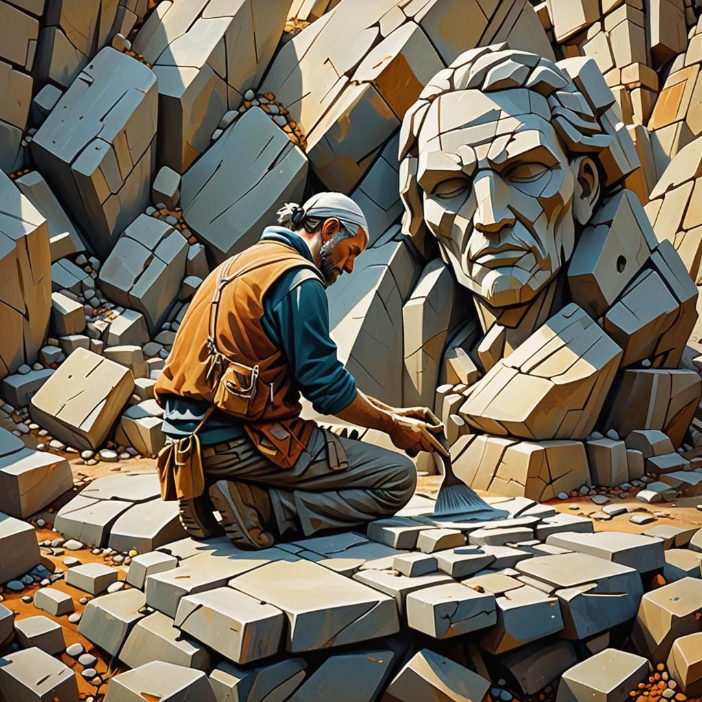 Stone Mason Carving Sculpture: Wet Brush Concept Art