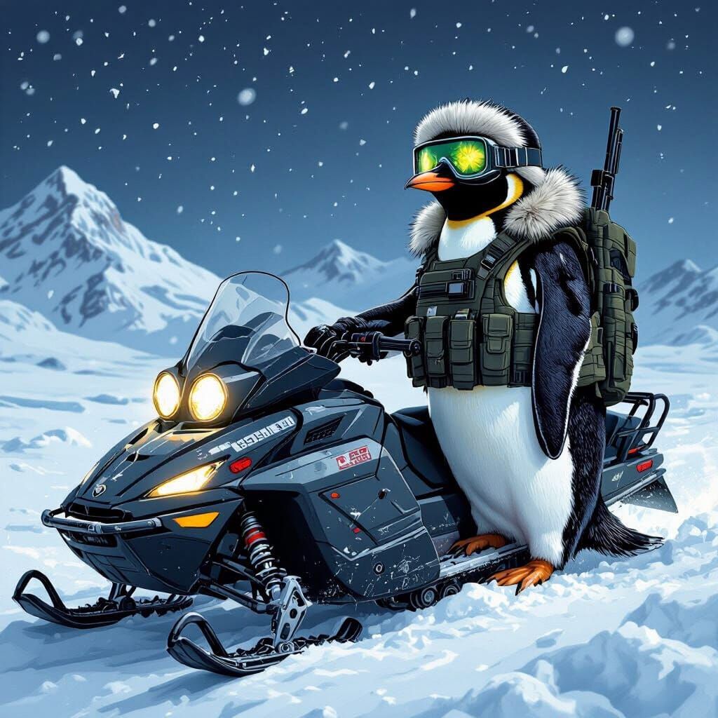 Tactical Penguin on Arctic Snowmobile