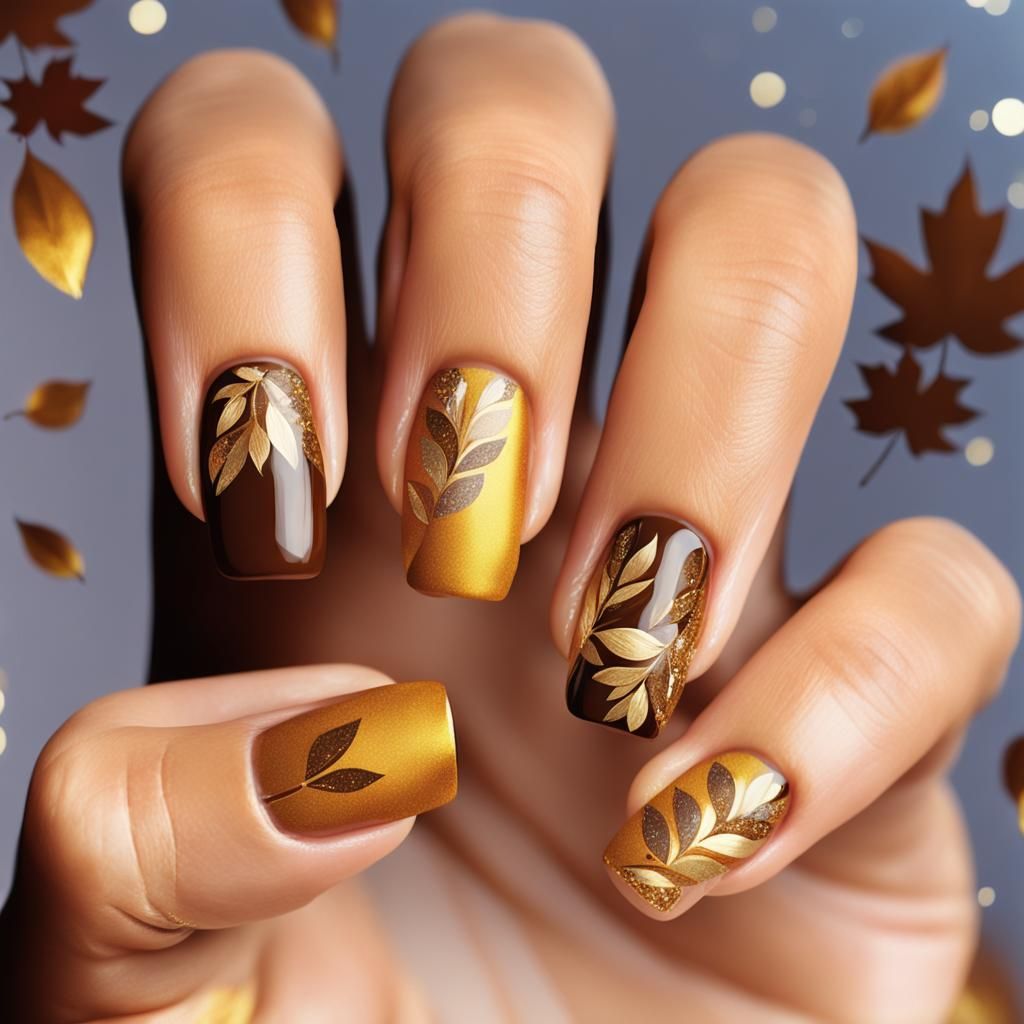 Elegant Autumn Leaf Nail Art with Gold Accents