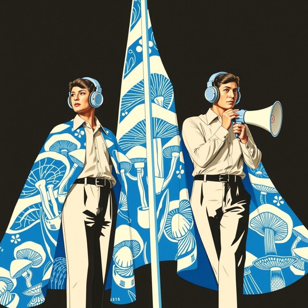 Mushroom Flag Linocut Featuring 1970s Accountants