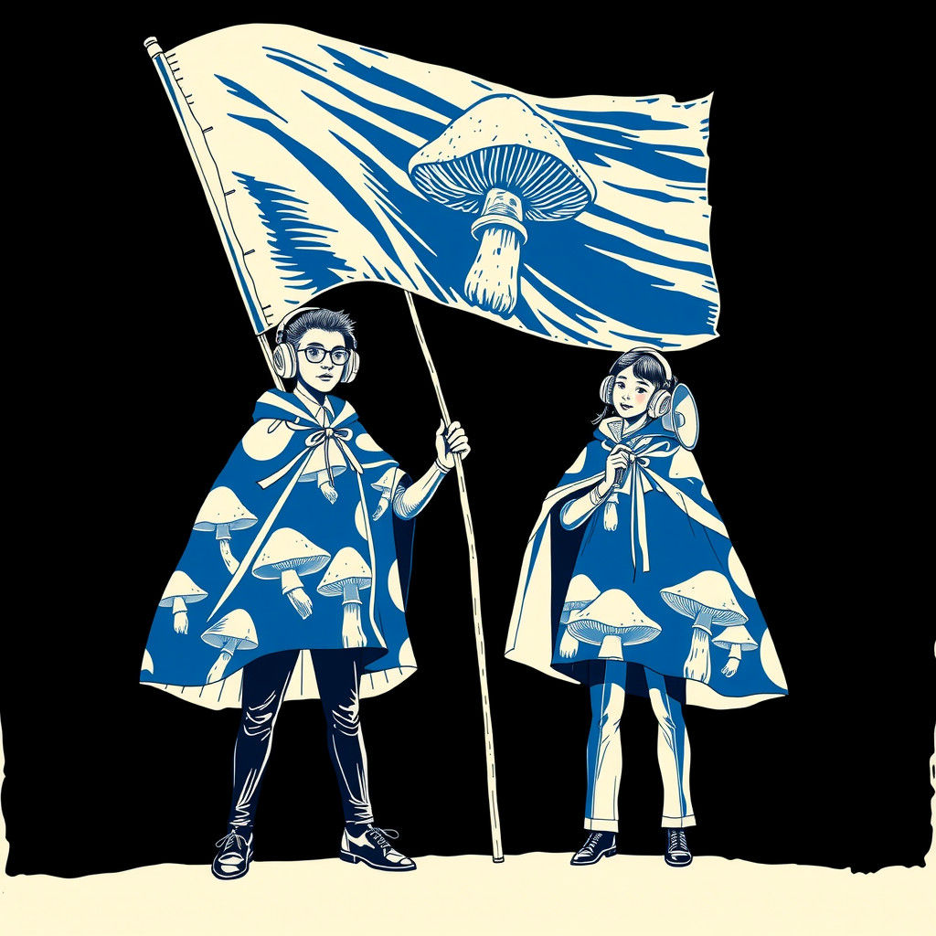 Indonesian Accountants in Mushroom Linocut Style