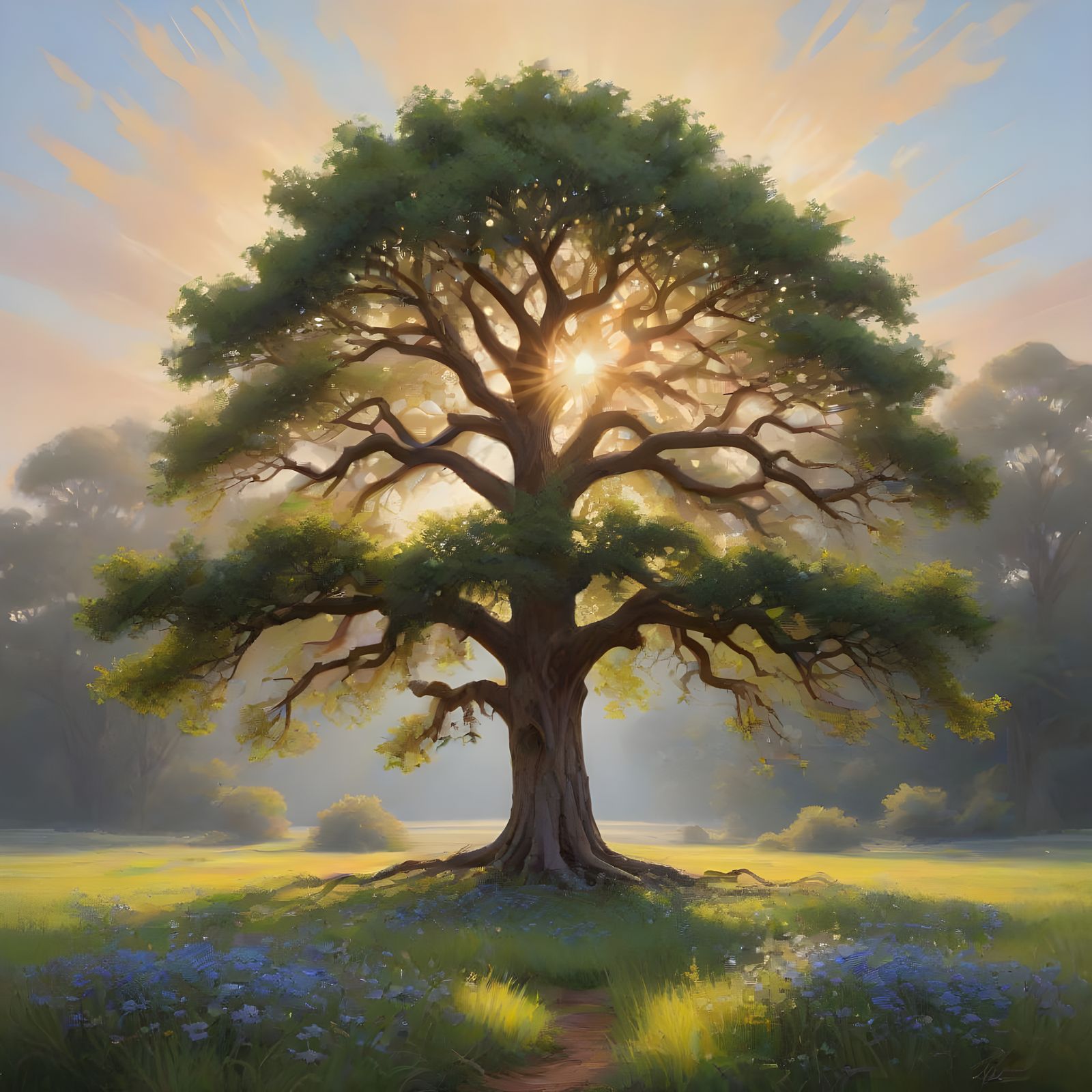 Ancient Oak Tree in Sunlit Forest Clearing Oil Painting