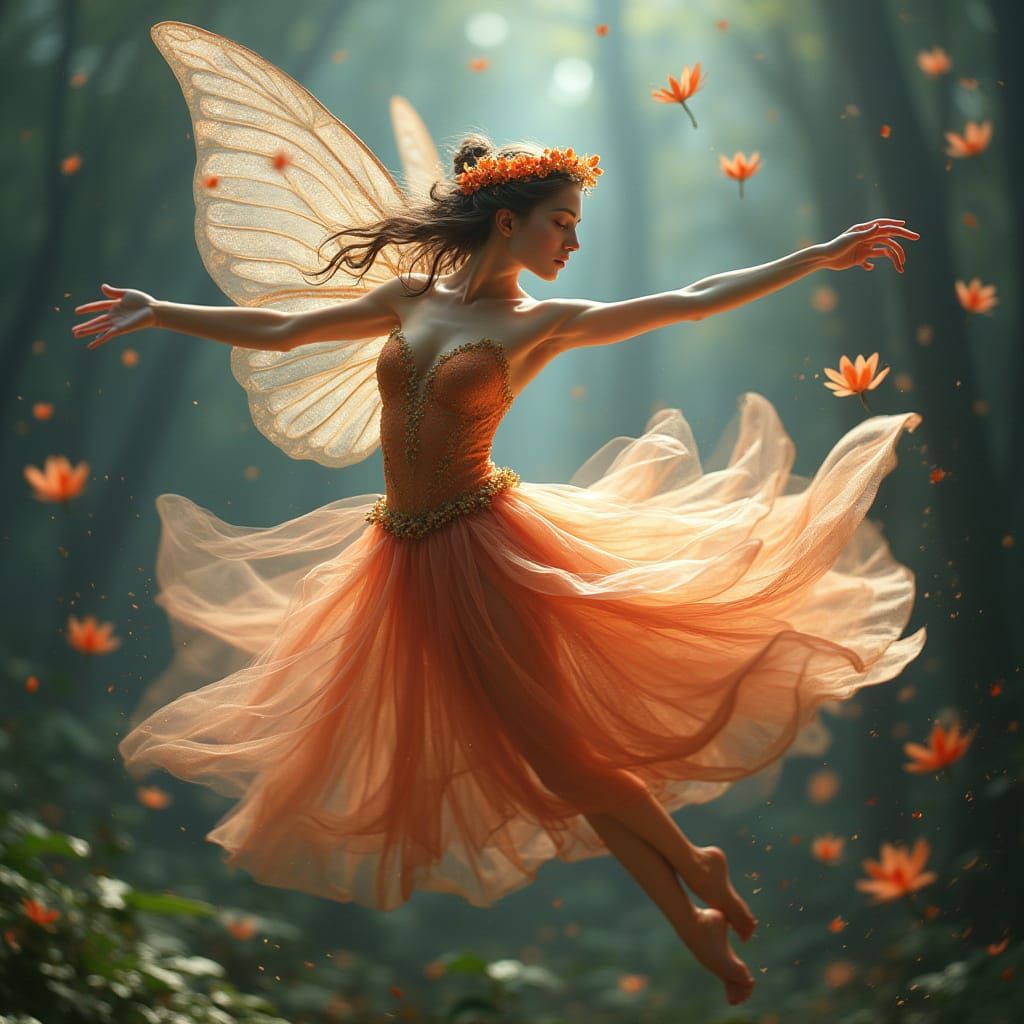 Ethereal Fairy Dancer Swirls Amidst Vibrant Flowers