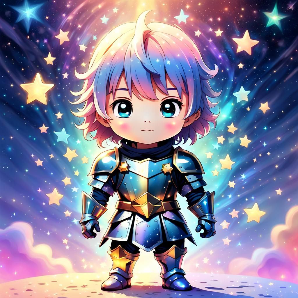 Vibrant Chibi Knight Amidst a Celestial Aura