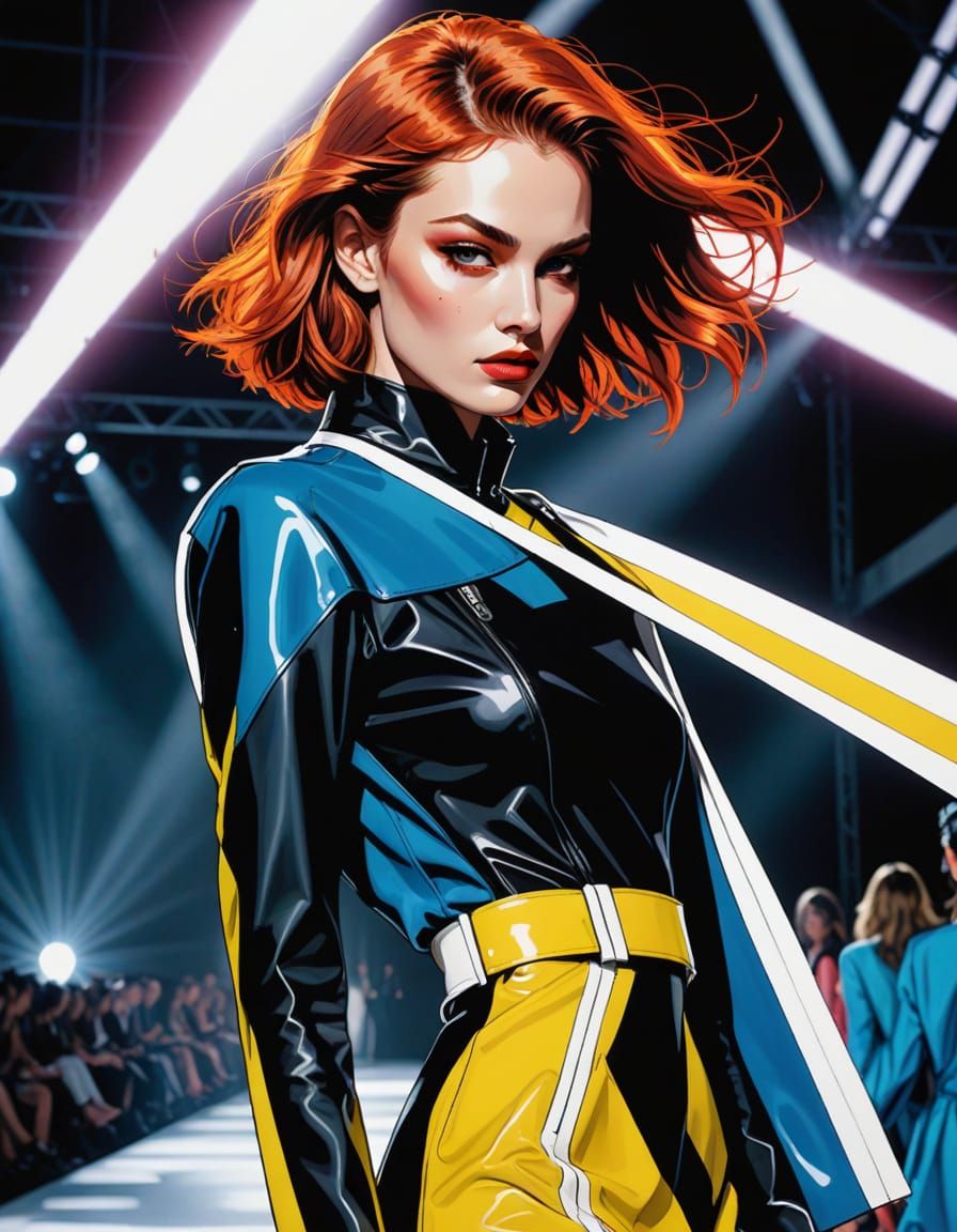 Fashion Model Struts Down Catwalk in Bold Comic Book Style