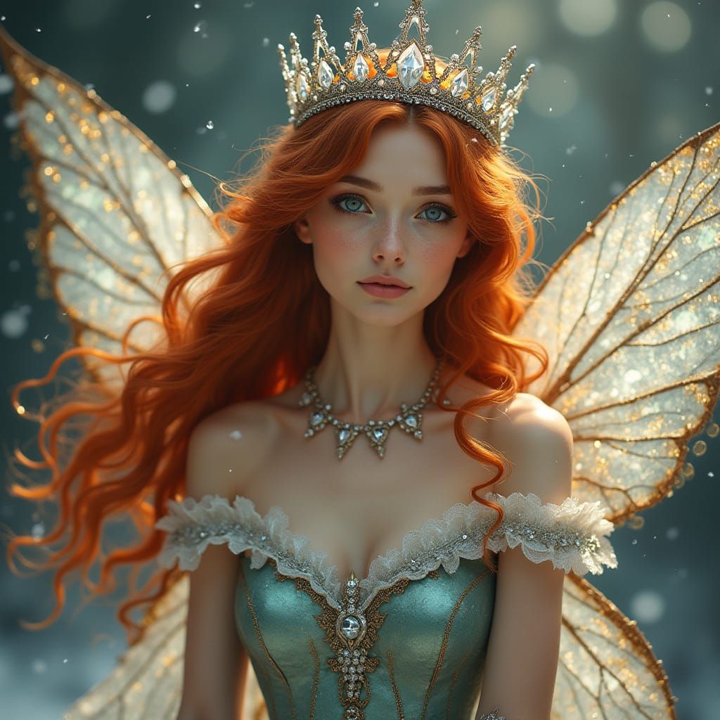 Fairy Queen in Stained Glass Splendor with Snowy Background