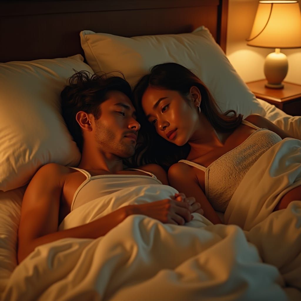 Intimate Film Still of Young Couple in Bed
