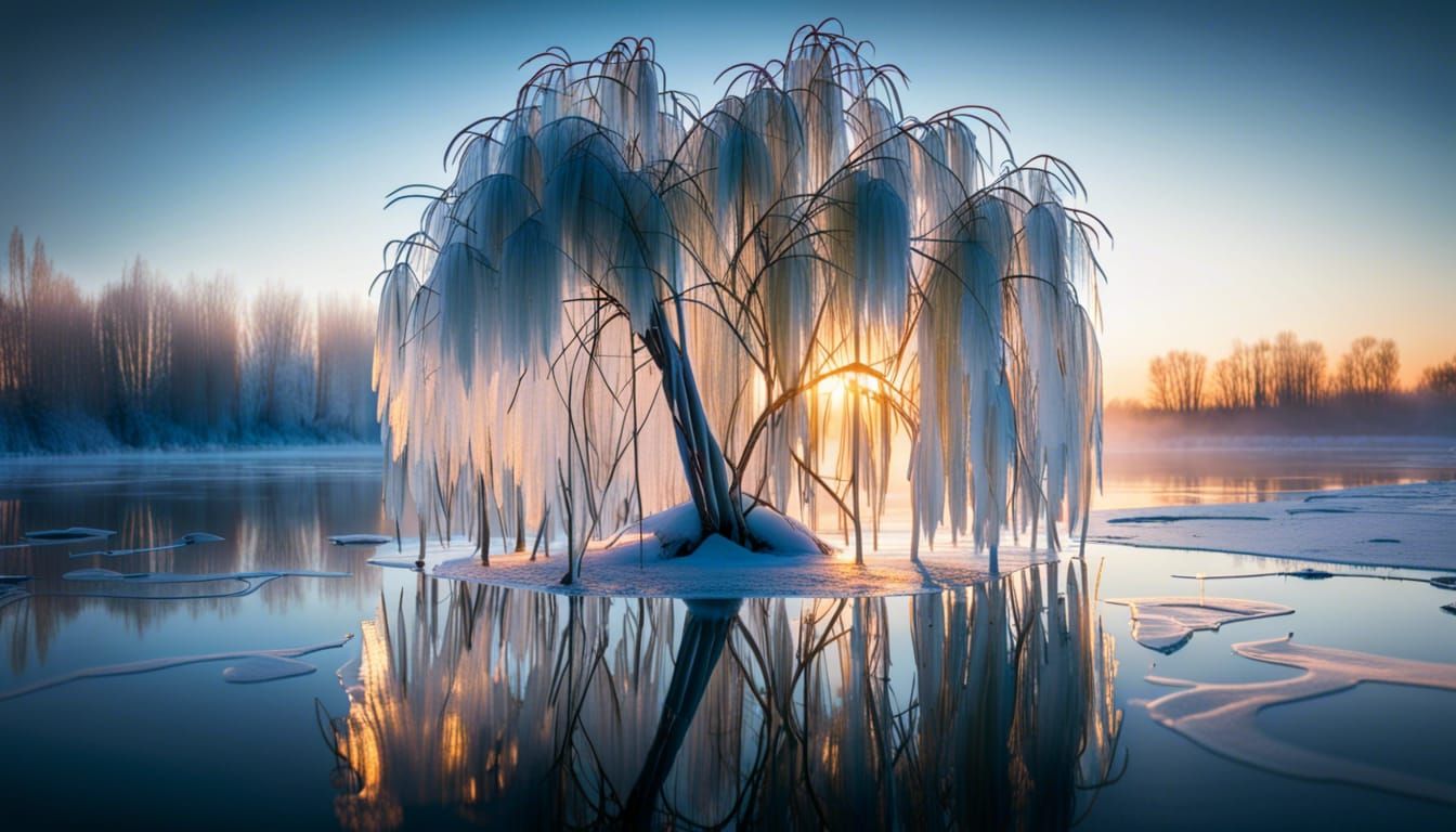 Translucent Glass Willow Tree on Frozen Lake at Dawn