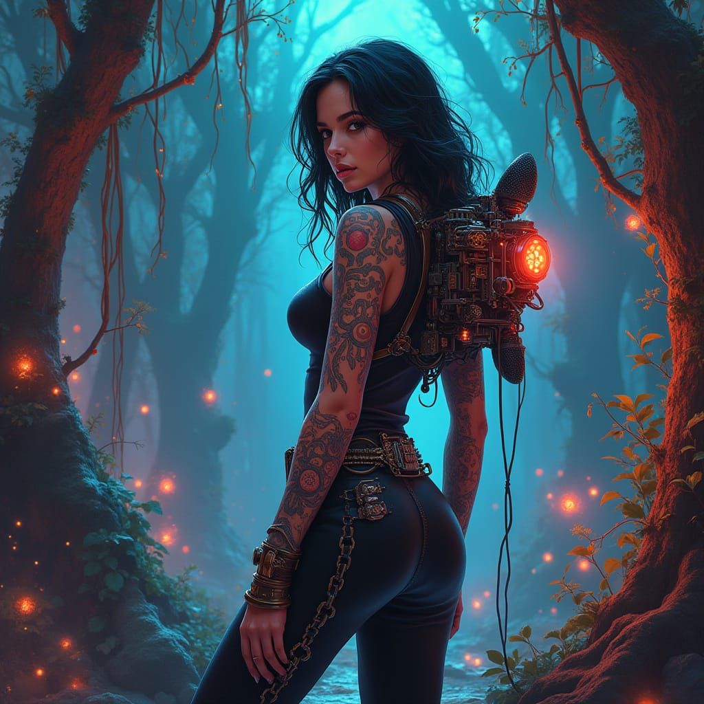 Woman with Space Tattoos in Cybernetic Forest