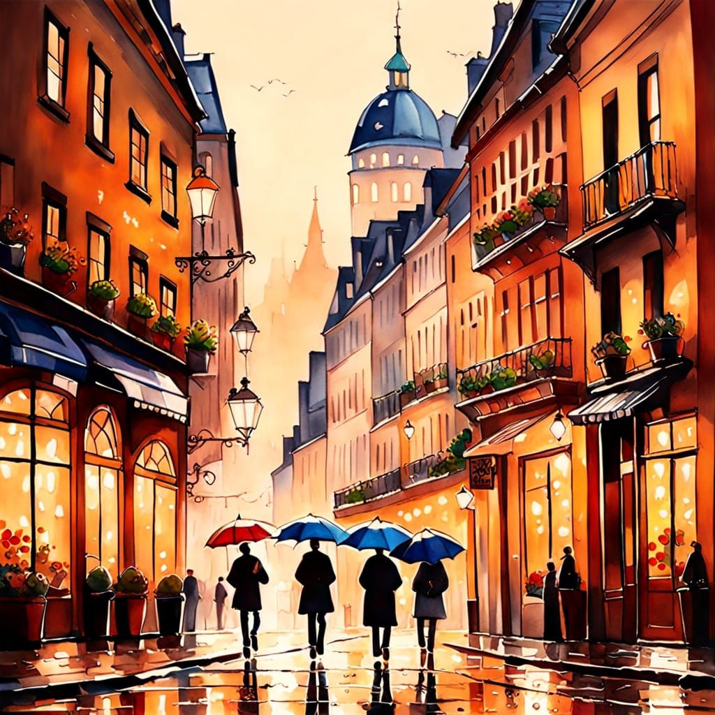 Rainy Cobblestone Street Scene in Watercolor