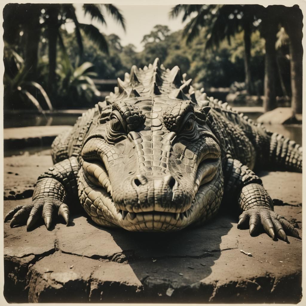 Surreal Polaroid of a Majestic Crocodile Idol