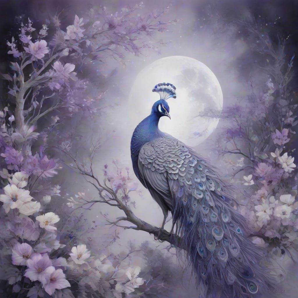 Ethereal Monochromatic Peacock Watercolor in Deep Purple and...