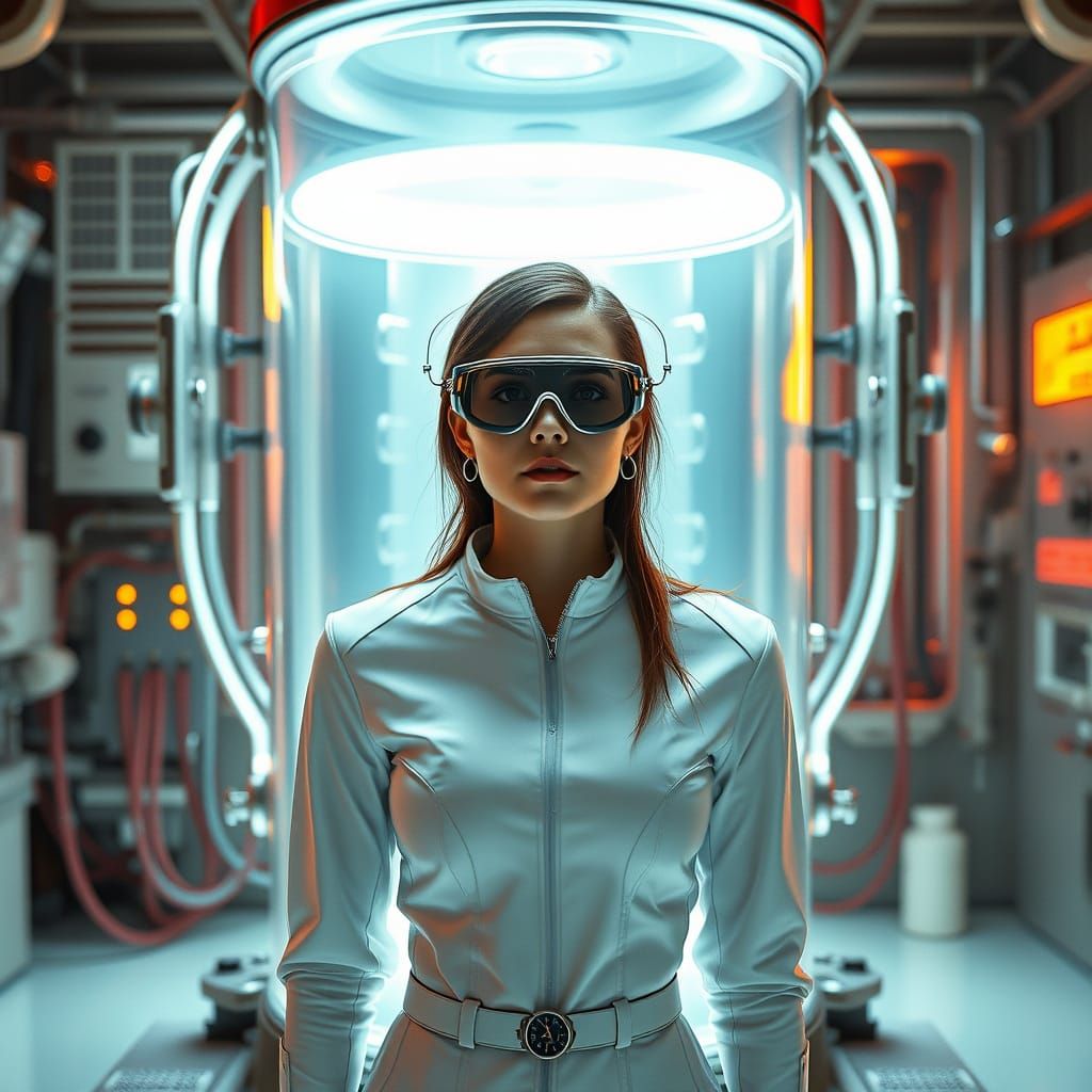 Sleek Scientist Stands Before Futuristic Cloning Cylinder