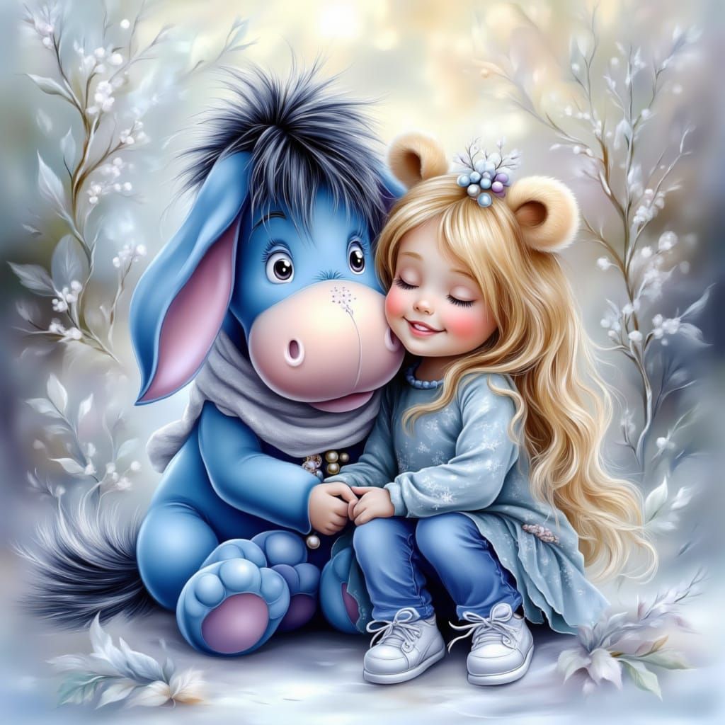 Whimsical Eeyore and Girl in Ethereal Oil Painting Style