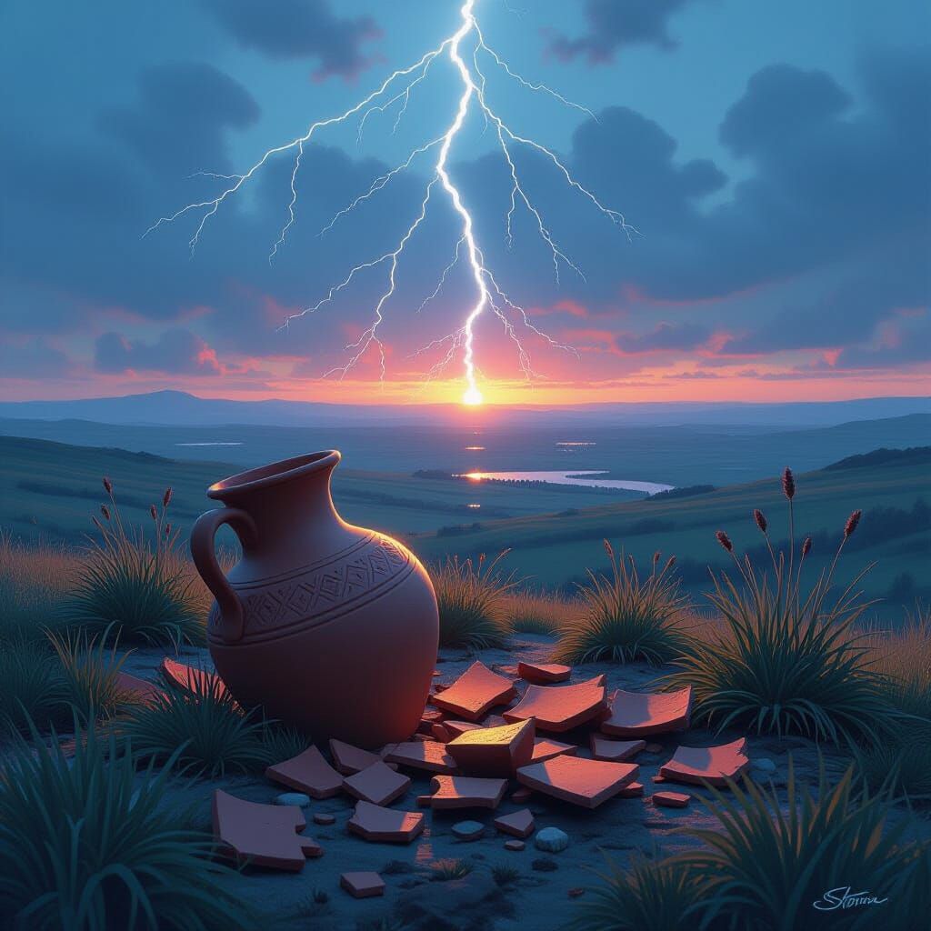 Lightning Strike Illuminates Broken Pot with Norse Backgroun...