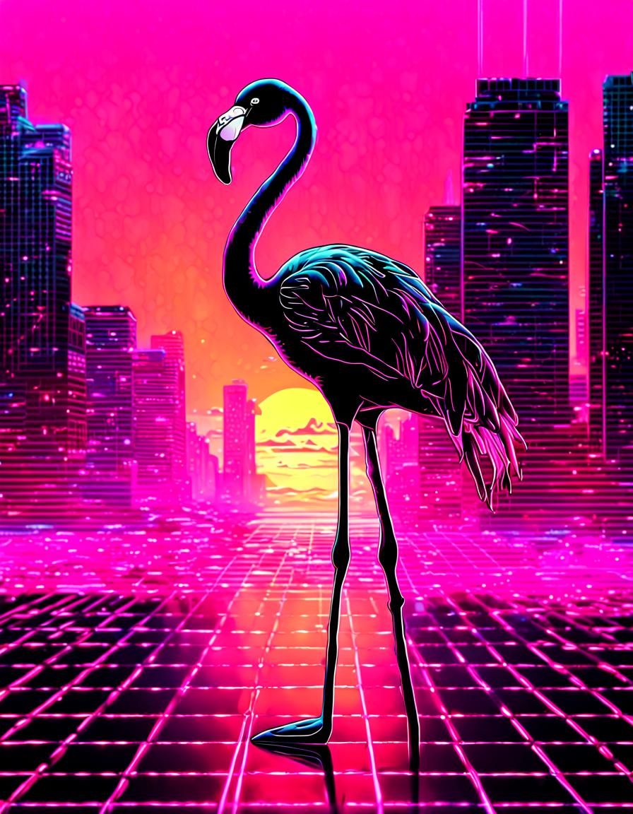 Vaporwave Flamingo in Cyberpunk Neon Cityscape