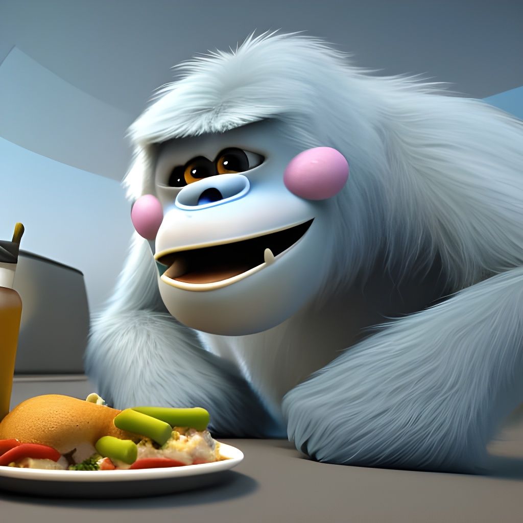 Friendly Baby Yeti Having Lunch as 3D Art