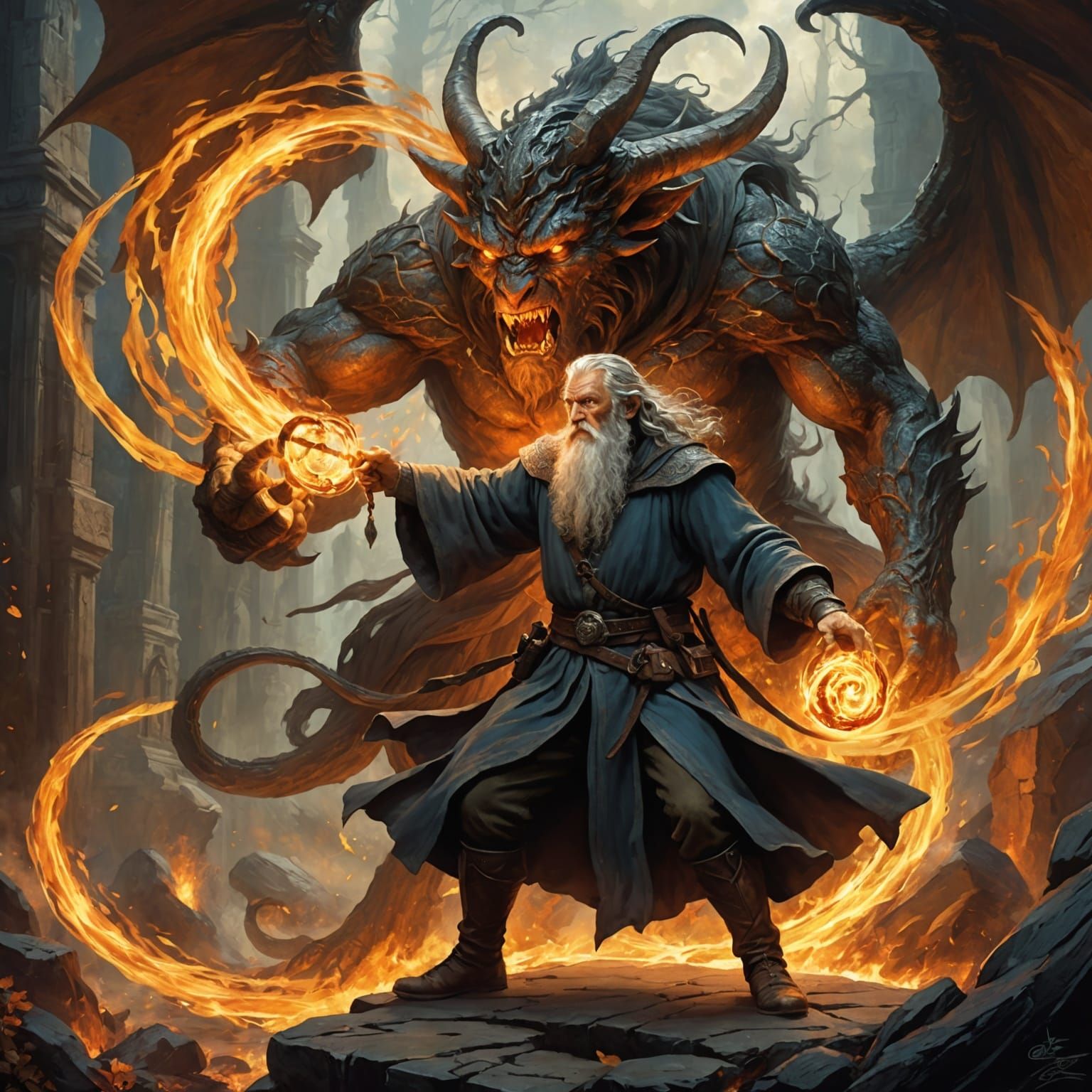 Epic Battle: Wizard Versus Fire Demon in Hyperdetail