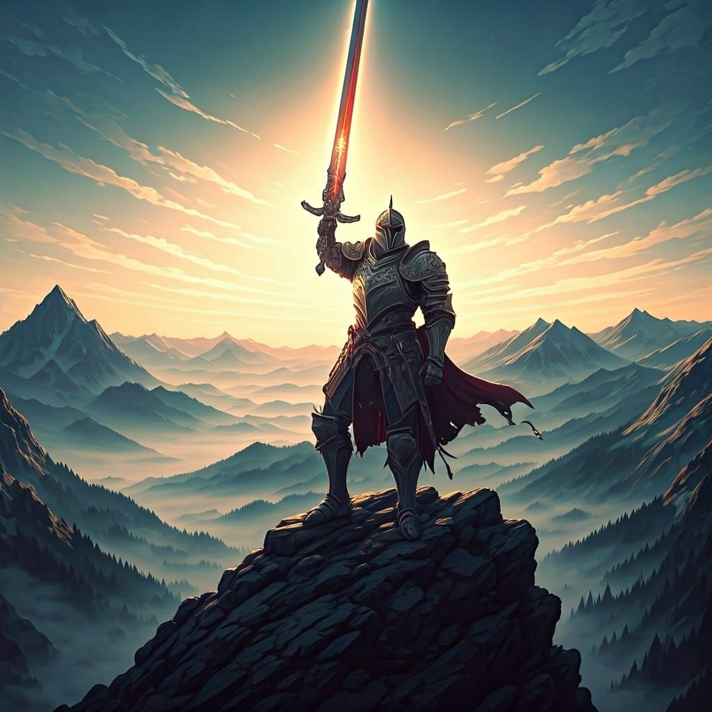 Heroic Knight with Sword on Mountain Peak