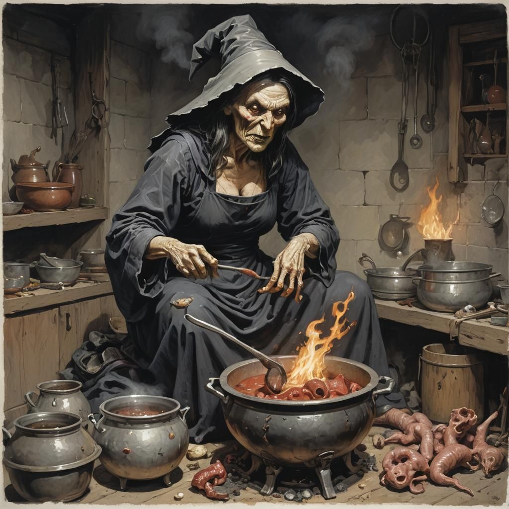 Sinister Witch Brews a Potion, Grim Fantasy Art