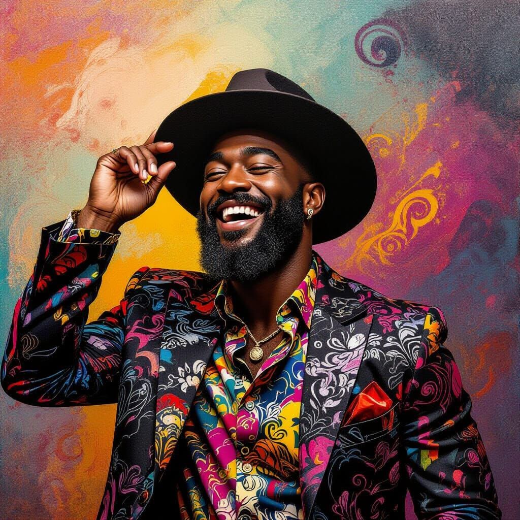 Laughing Man with Hat in Abstract Contemporary Style