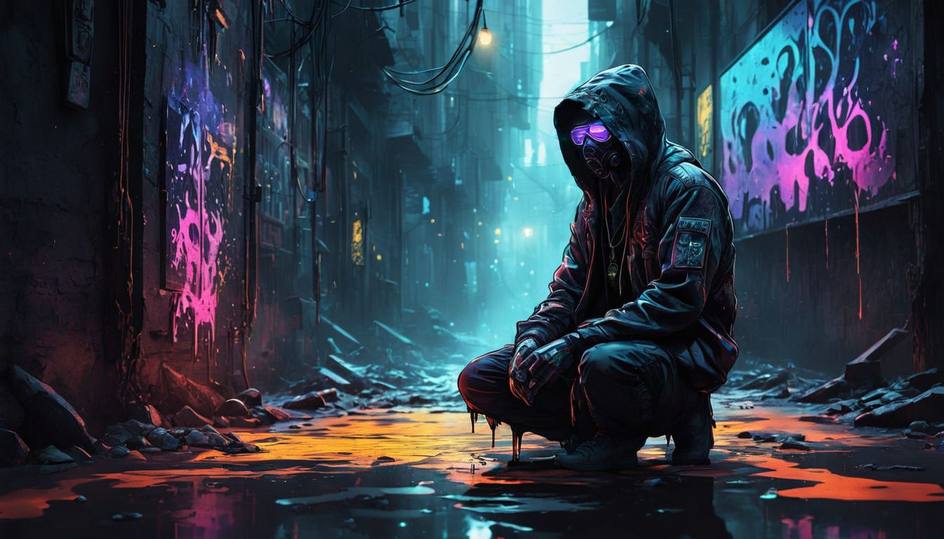 Cyberpunk Figure Crouches in Dimly Lit Alleyway