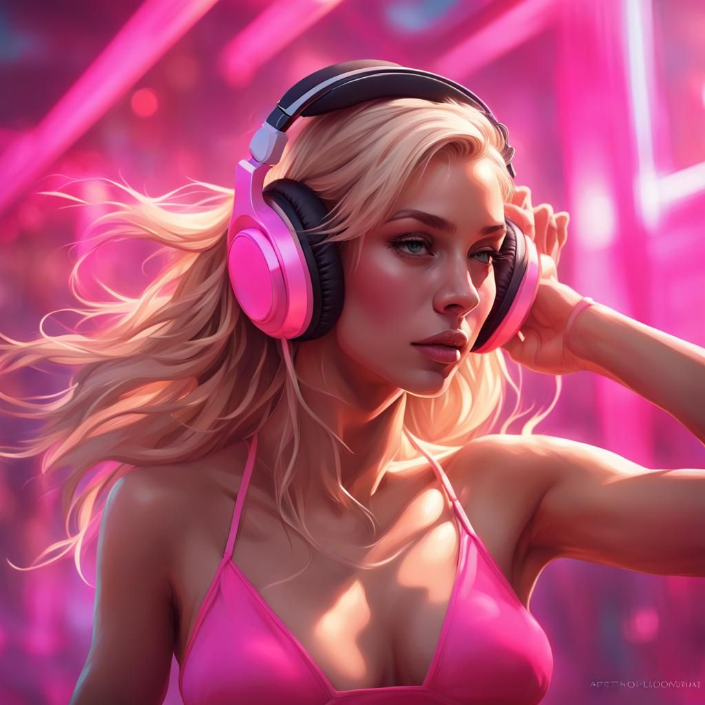 Blonde Girl Dancing in Pink Bikini, Detailed Portrait