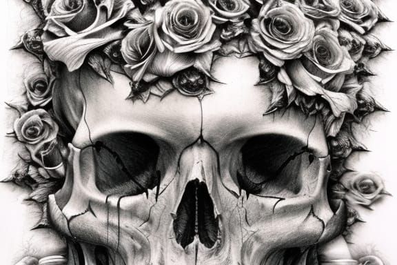 Detailed Pencil Sketch of Skulls, Moths and Roses