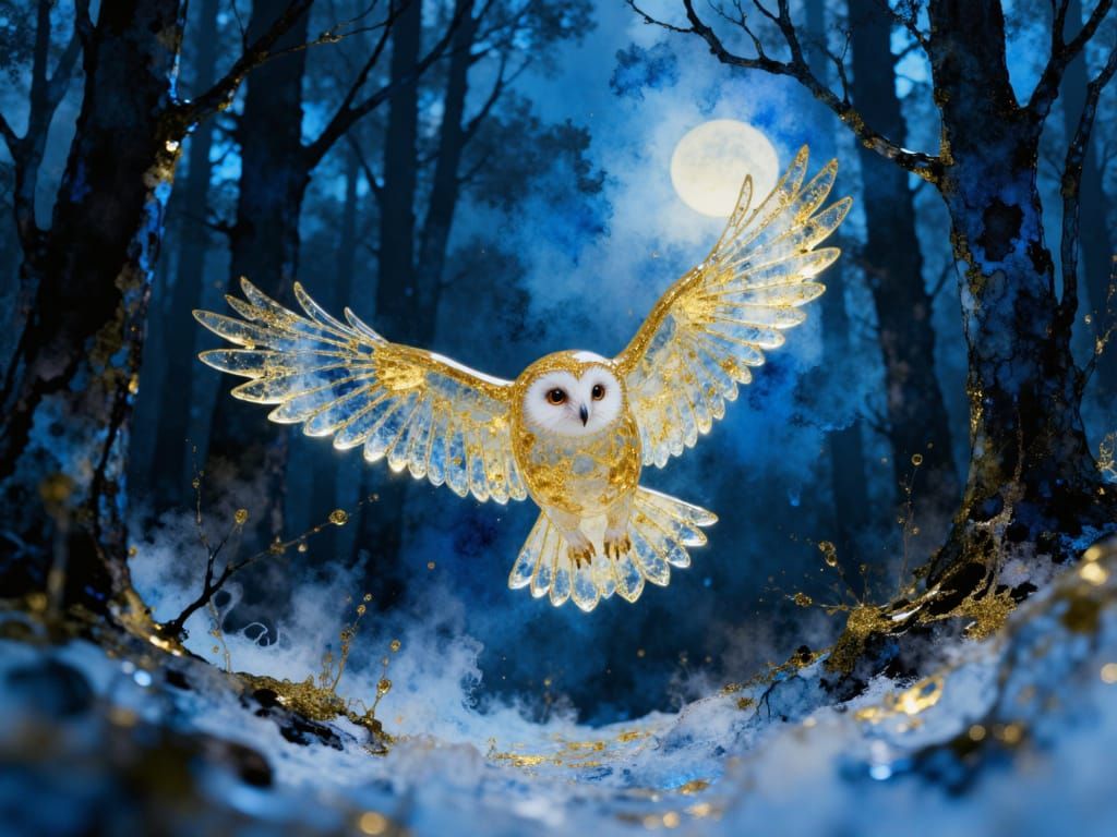 Glass Barn Owl Flies Through Snowy Forest Under Big Moon