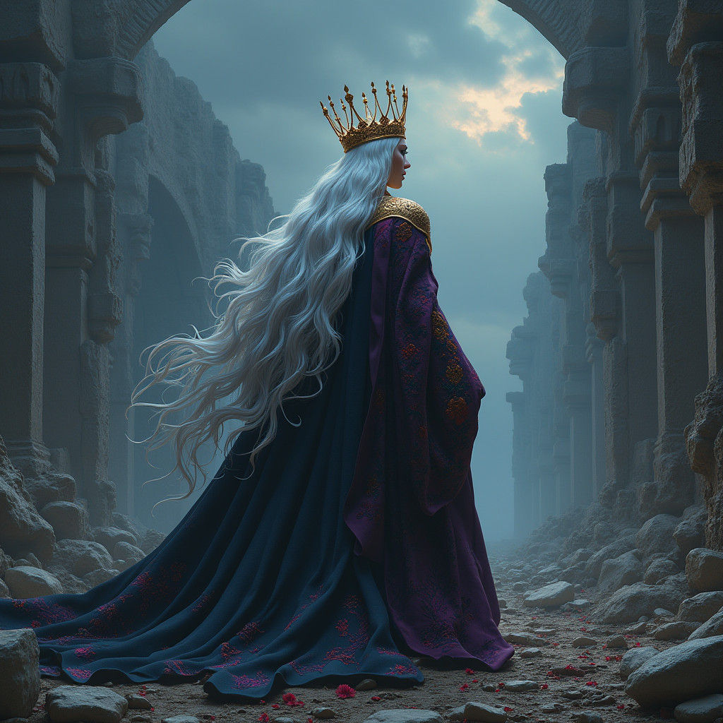 Majestic Figure Amidst Crumbling Ruins: 3D Digital Art