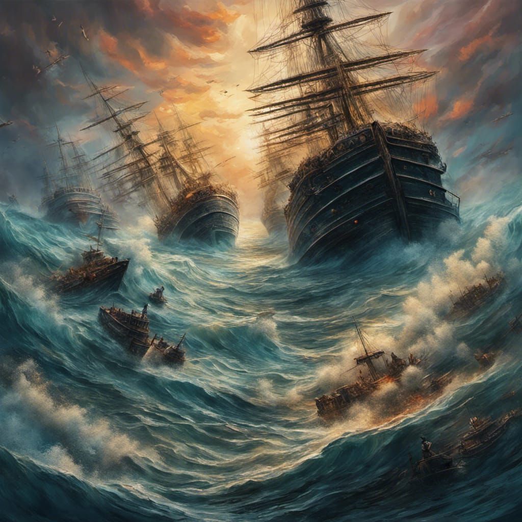 Hyperrealistic Ships Drowning in a Swirling Sea