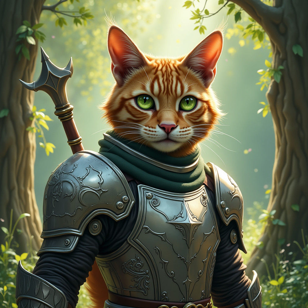 Armored Feline Warrior in Mystical Forest